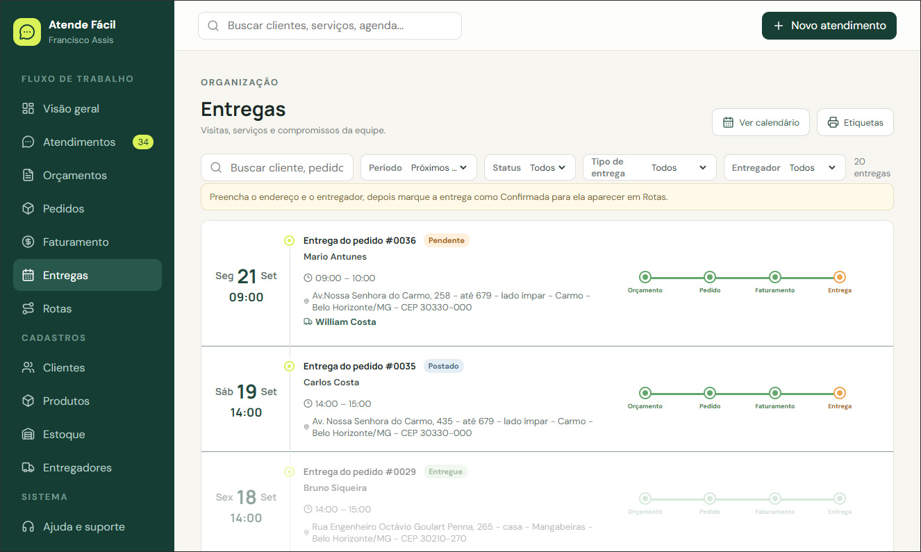 Tela de Entregas do Sistema Atende Fácil