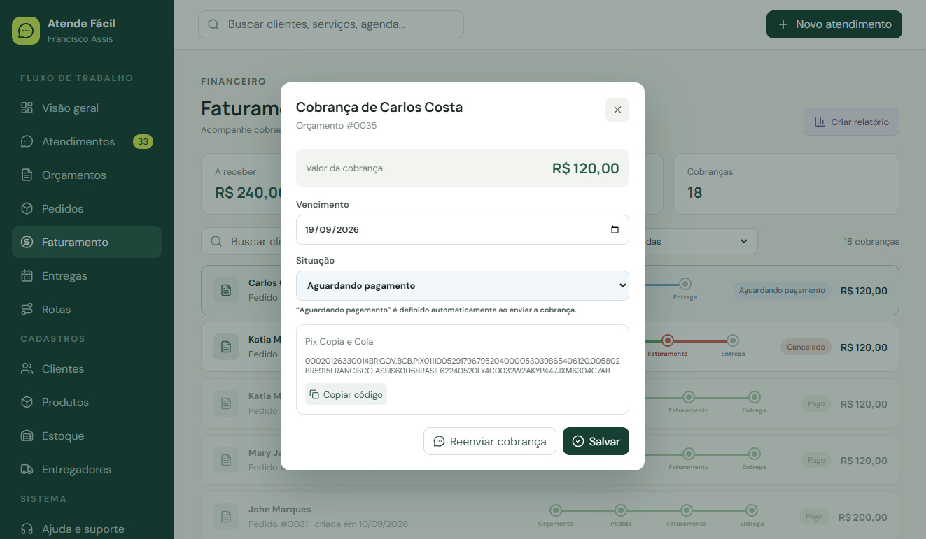 Tela de Faturamento do Sistema Atende Fácil