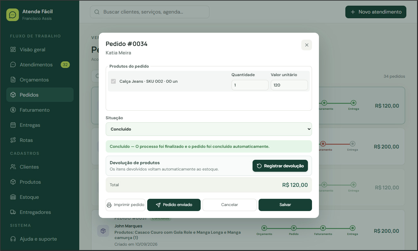 Tela de Pedidos do Sistema Atende Fácil