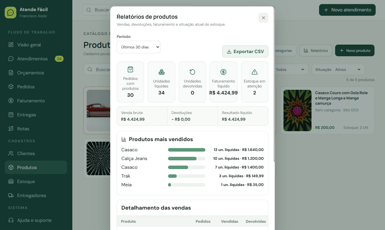Tela de Relatórios de produtos do Sistema Atende Fácil