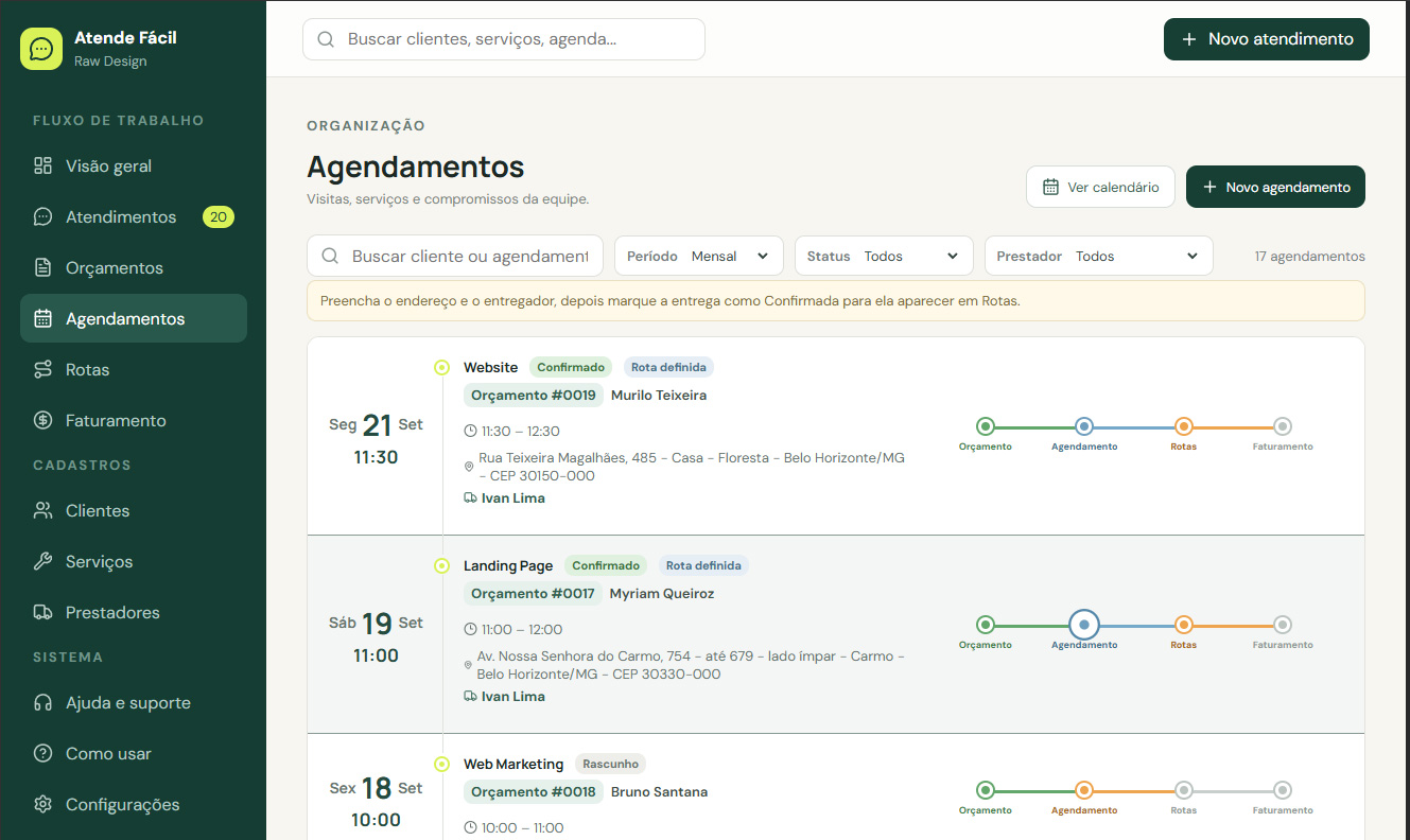 Tela de Agendamentos do Sistema Atende Fácil