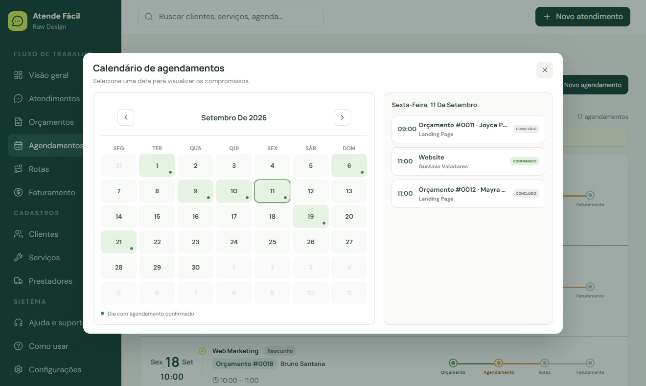 Tela de Calendário de agendamentos do Sistema Atende Fácil