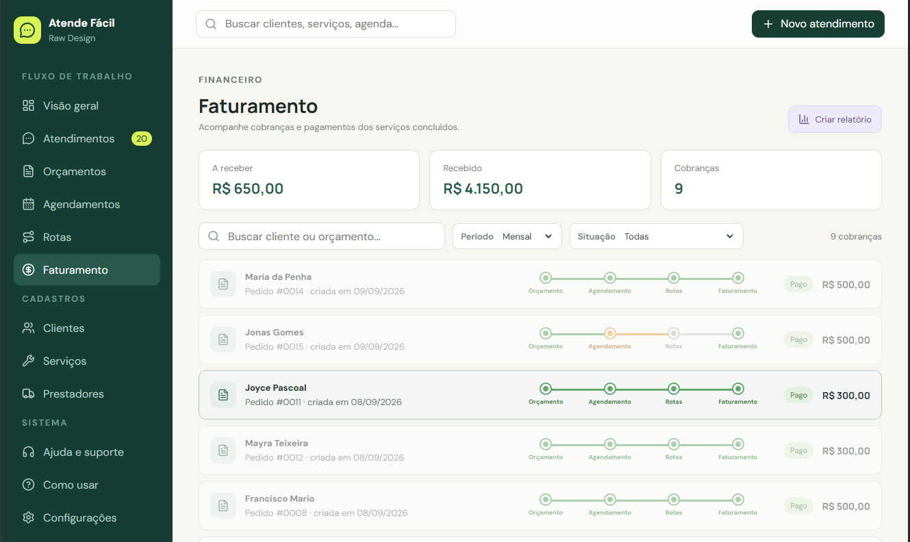 Tela de Faturamento do Sistema Atende Fácil